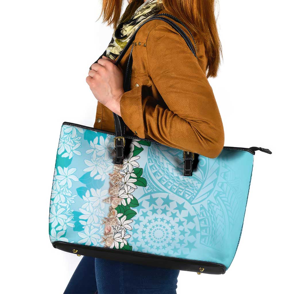 Cook Islands Tiare Maori With Conch Shell Leather Tote Bag Pasifika Fest Polynesian Tattoo Turquoise LT14 Turquoise - Polynesian Pride