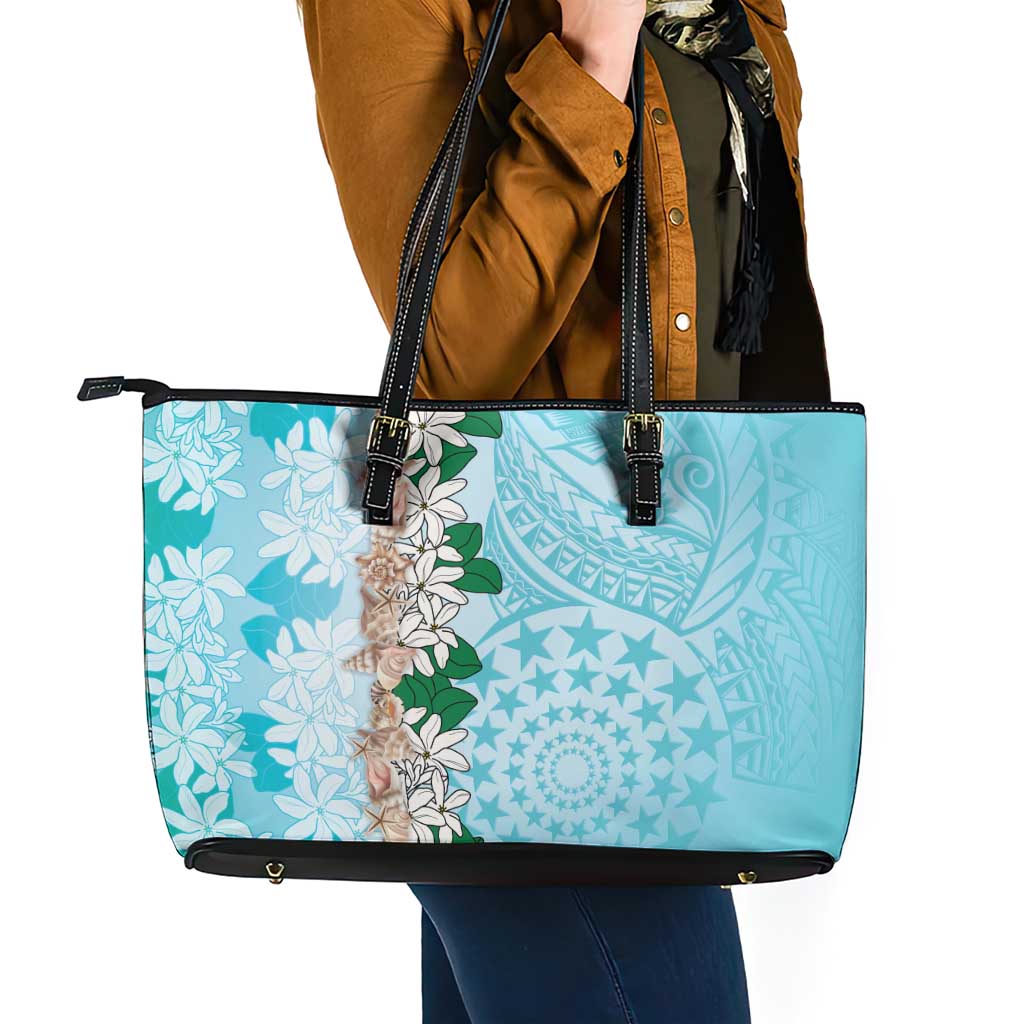 Cook Islands Tiare Maori With Conch Shell Leather Tote Bag Pasifika Fest Polynesian Tattoo Turquoise LT14 - Polynesian Pride