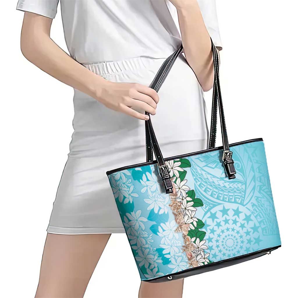 Cook Islands Tiare Maori With Conch Shell Leather Tote Bag Pasifika Fest Polynesian Tattoo Turquoise LT14 - Polynesian Pride