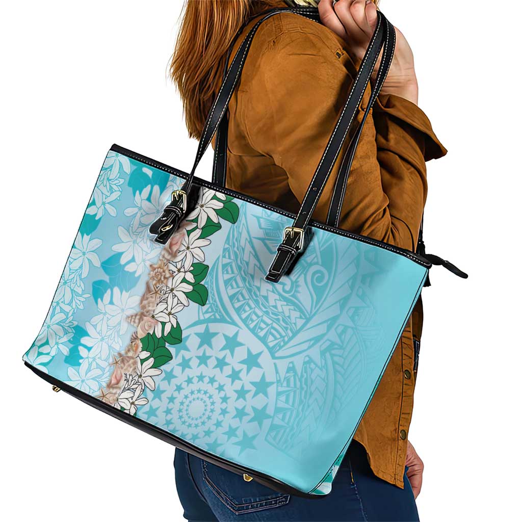Cook Islands Tiare Maori With Conch Shell Leather Tote Bag Pasifika Fest Polynesian Tattoo Turquoise LT14 - Polynesian Pride