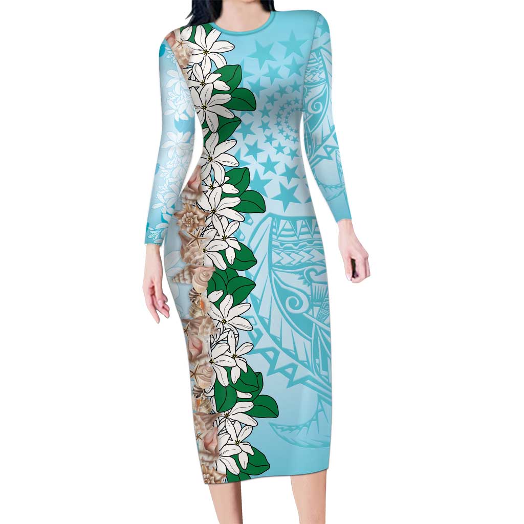 Cook Islands Tiare Maori With Conch Shell Long Sleeve Bodycon Dress Pasifika Fest Polynesian Tattoo Turquoise LT14 Long Dress Turquoise - Polynesian Pride