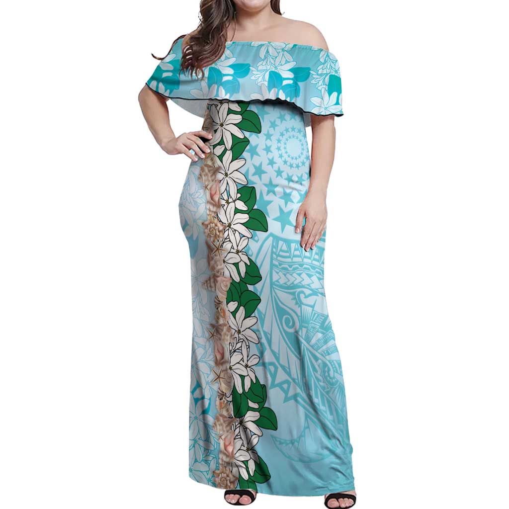 Cook Islands Tiare Maori With Conch Shell Off Shoulder Maxi Dress Pasifika Fest Polynesian Tattoo Turquoise LT14 Women Turquoise - Polynesian Pride