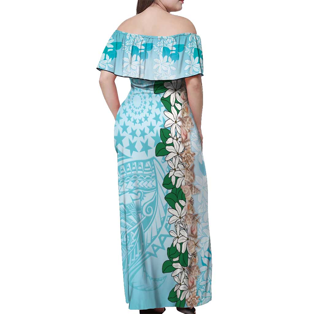 Cook Islands Tiare Maori With Conch Shell Off Shoulder Maxi Dress Pasifika Fest Polynesian Tattoo Turquoise LT14 - Polynesian Pride