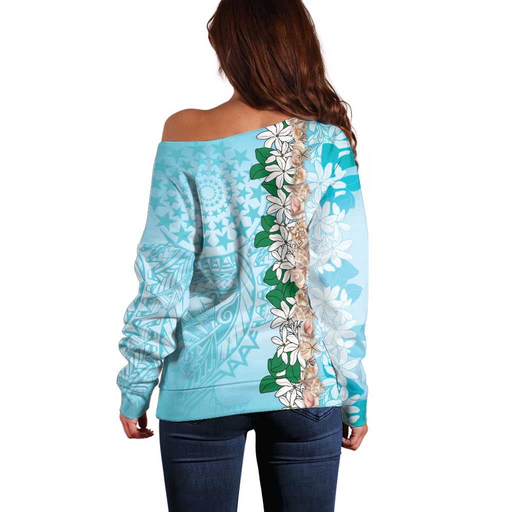 Cook Islands Tiare Maori With Conch Shell Off Shoulder Sweater Pasifika Fest Polynesian Tattoo Turquoise LT14 - Polynesian Pride