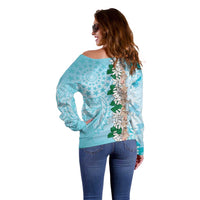 Cook Islands Tiare Maori With Conch Shell Off Shoulder Sweater Pasifika Fest Polynesian Tattoo Turquoise LT14 - Polynesian Pride