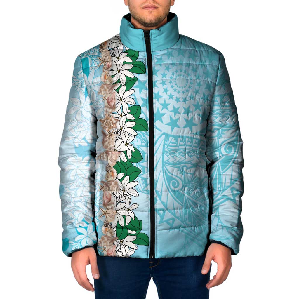 Cook Islands Tiare Maori With Conch Shell Padded Jacket Pasifika Fest Polynesian Tattoo Turquoise LT14 Men Turquoise - Polynesian Pride