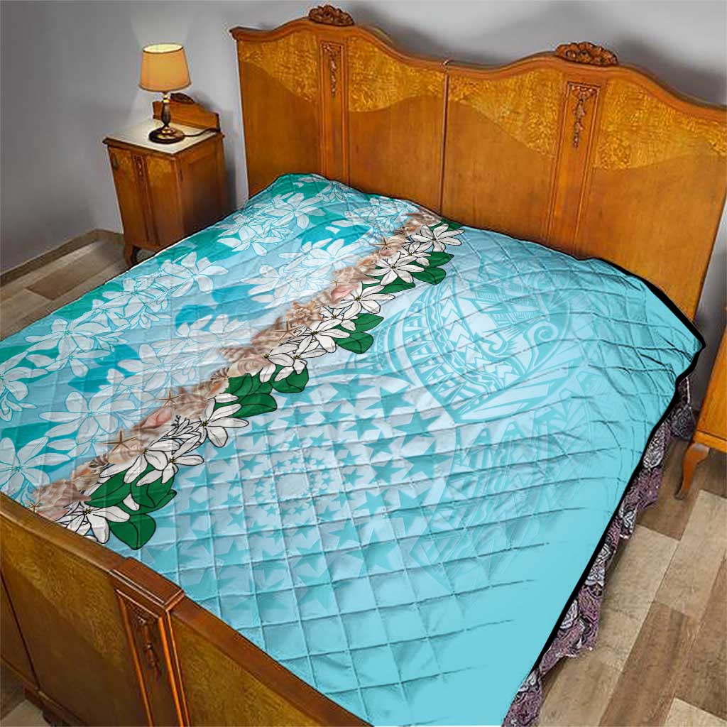 Cook Islands Tiare Maori With Conch Shell Quilt Pasifika Fest Polynesian Tattoo Turquoise LT14 - Polynesian Pride