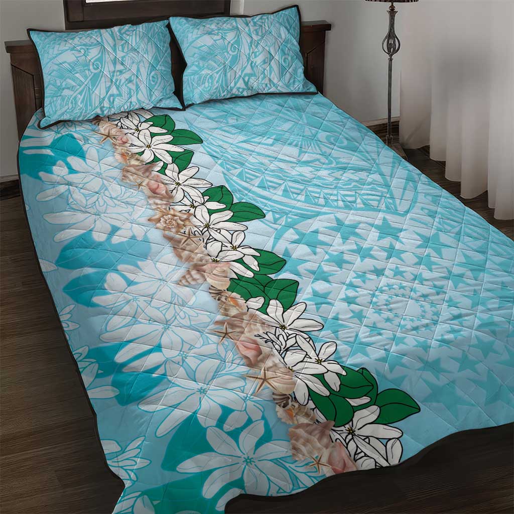Cook Islands Tiare Maori With Conch Shell Quilt Bed Set Pasifika Fest Polynesian Tattoo Turquoise LT14 Turquoise - Polynesian Pride