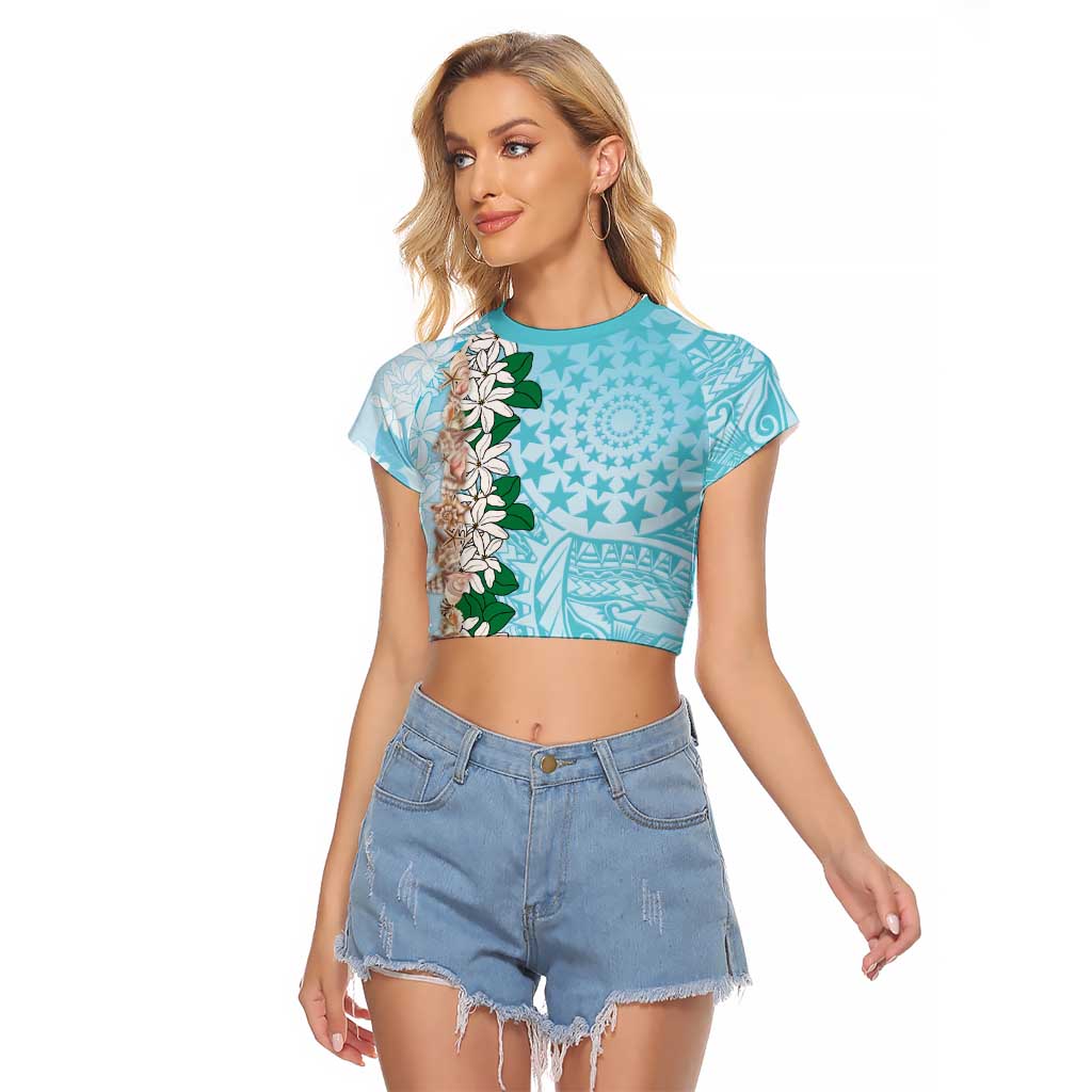 Cook Islands Tiare Maori With Conch Shell Raglan Cropped T Shirt Pasifika Fest Polynesian Tattoo Turquoise LT14 Female Turquoise - Polynesian Pride