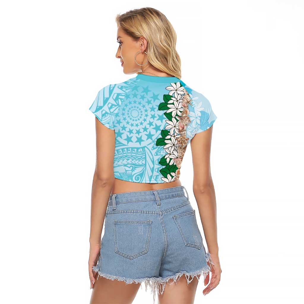 Cook Islands Tiare Maori With Conch Shell Raglan Cropped T Shirt Pasifika Fest Polynesian Tattoo Turquoise LT14 - Polynesian Pride