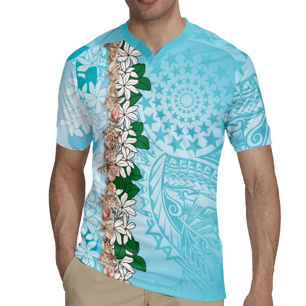 Cook Islands Tiare Maori With Conch Shell Rugby Jersey Pasifika Fest Polynesian Tattoo Turquoise LT14 - Polynesian Pride