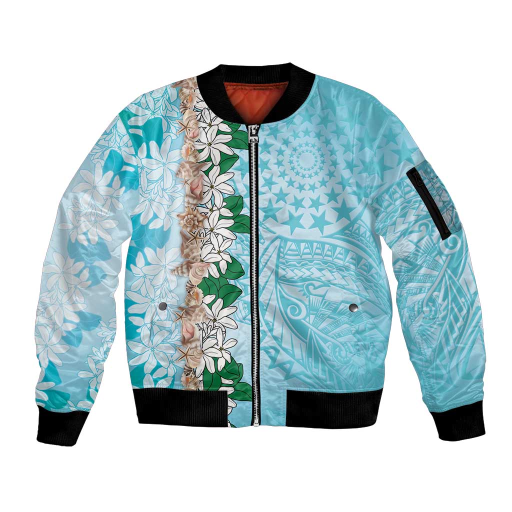 Cook Islands Tiare Maori With Conch Shell Sleeve Zip Bomber Jacket Pasifika Fest Polynesian Tattoo Turquoise LT14 Unisex Turquoise - Polynesian Pride