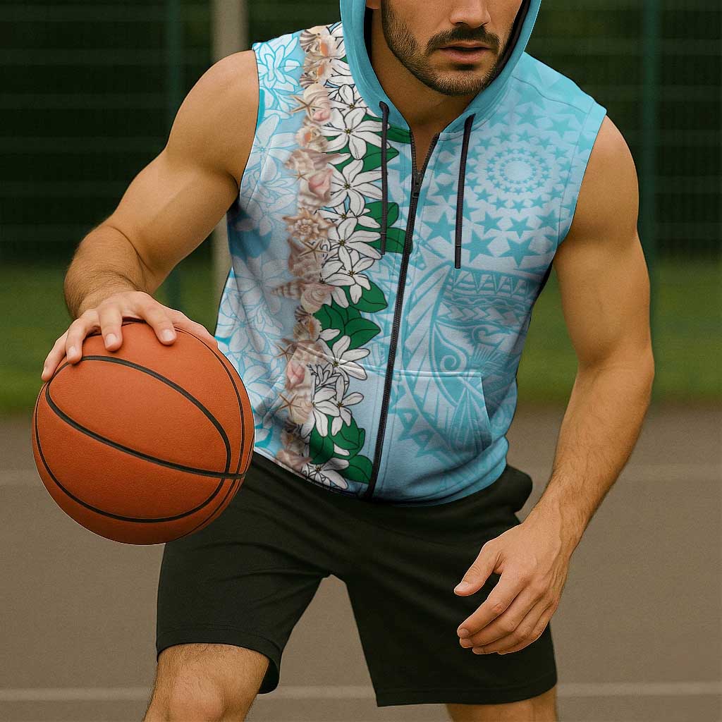 Cook Islands Tiare Maori With Conch Shell Sleeveless Zip Hoodie Pasifika Fest Polynesian Tattoo Turquoise LT14 - Polynesian Pride