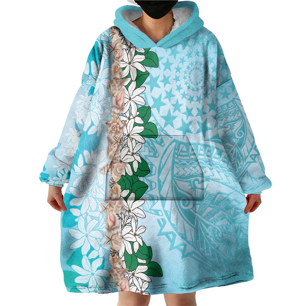 Cook Islands Tiare Maori With Conch Shell Wearable Blanket Hoodie Pasifika Fest Polynesian Tattoo Turquoise LT14 - Polynesian Pride