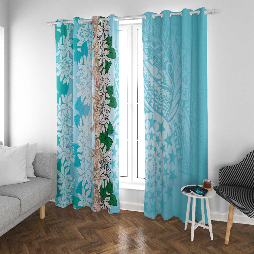Cook Islands Tiare Maori With Conch Shell Window Curtain Pasifika Fest Polynesian Tattoo Turquoise LT14 With Grommets Turquoise - Polynesian Pride