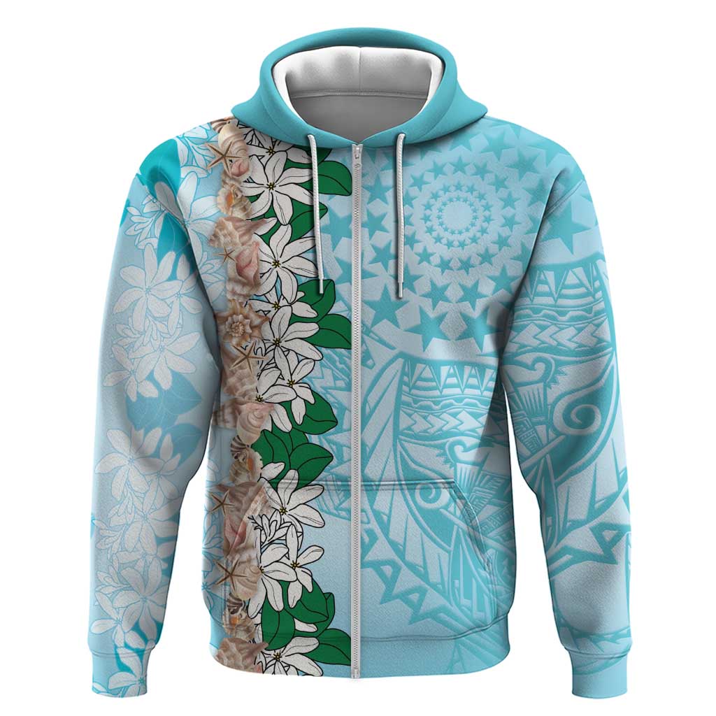 Cook Islands Tiare Maori With Conch Shell Zip Hoodie Pasifika Fest Polynesian Tattoo Turquoise LT14 Zip Hoodie Turquoise - Polynesian Pride