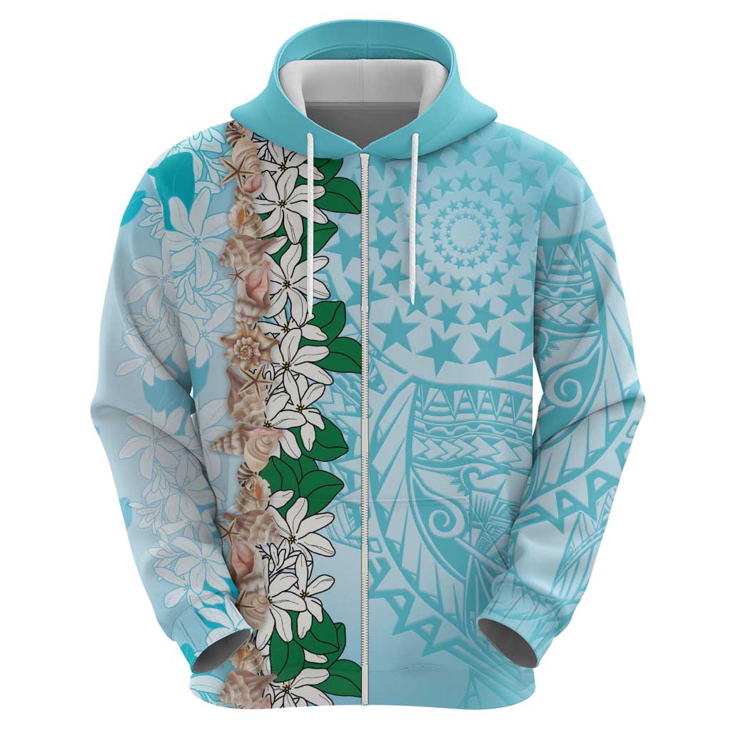 Cook Islands Tiare Maori With Conch Shell Zip Hoodie Pasifika Fest Polynesian Tattoo Turquoise LT14 - Polynesian Pride