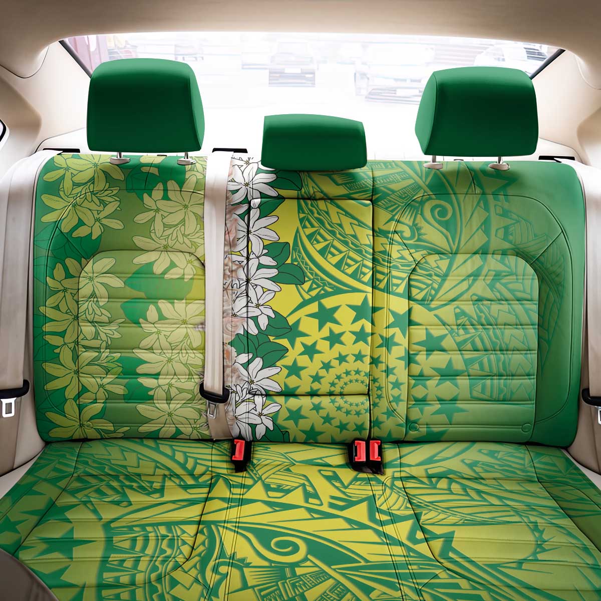 Cook Islands Tiare Maori With Conch Shell Back Car Seat Cover Pasifika Fest Polynesian Tattoo Green LT14 - Polynesian Pride