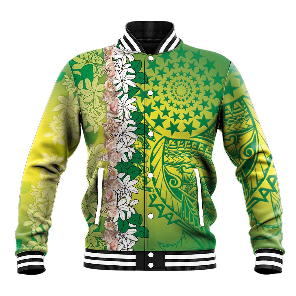 Cook Islands Tiare Maori With Conch Shell Baseball Jacket Pasifika Fest Polynesian Tattoo Green LT14 Unisex Green - Polynesian Pride