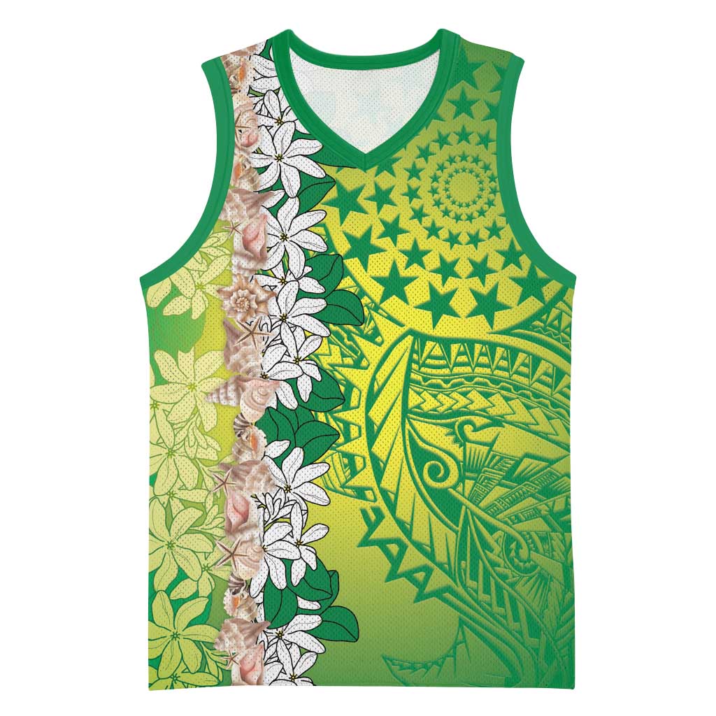 Cook Islands Tiare Maori With Conch Shell Basketball Jersey Pasifika Fest Polynesian Tattoo Green LT14 Unisex Green - Polynesian Pride
