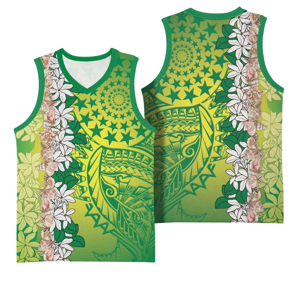 Cook Islands Tiare Maori With Conch Shell Basketball Jersey Pasifika Fest Polynesian Tattoo Green LT14 - Polynesian Pride