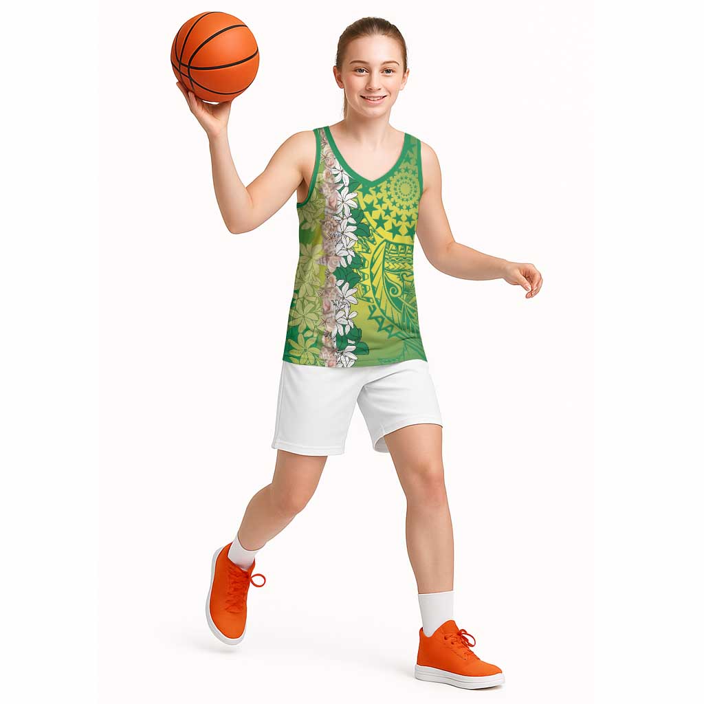 Cook Islands Tiare Maori With Conch Shell Basketball Jersey Pasifika Fest Polynesian Tattoo Green LT14 - Polynesian Pride