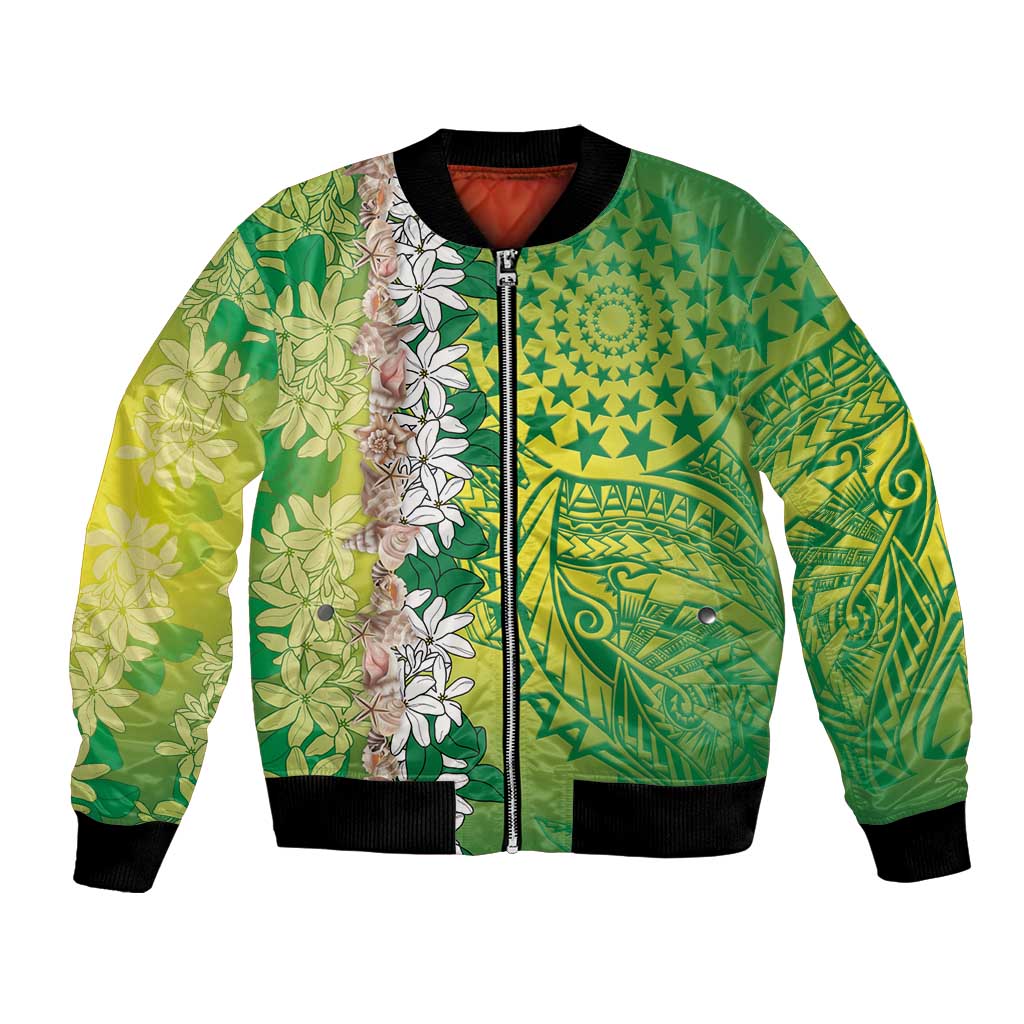 Cook Islands Tiare Maori With Conch Shell Bomber Jacket Pasifika Fest Polynesian Tattoo Green LT14 Unisex Green - Polynesian Pride