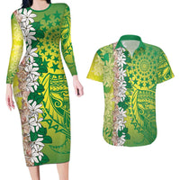 Cook Islands Tiare Maori With Conch Shell Couples Matching Long Sleeve Bodycon Dress and Hawaiian Shirt Pasifika Fest Polynesian Tattoo Green