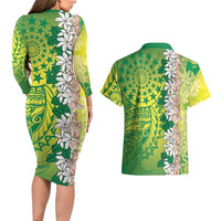 Cook Islands Tiare Maori With Conch Shell Couples Matching Long Sleeve Bodycon Dress and Hawaiian Shirt Pasifika Fest Polynesian Tattoo Green
