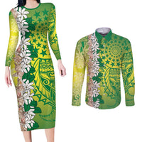 Cook Islands Tiare Maori With Conch Shell Couples Matching Long Sleeve Bodycon Dress and Long Sleeve Button Shirt Pasifika Fest Polynesian Tattoo Green