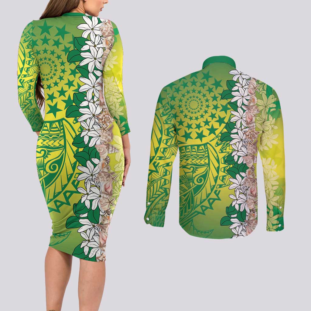 Cook Islands Tiare Maori With Conch Shell Couples Matching Long Sleeve Bodycon Dress and Long Sleeve Button Shirt Pasifika Fest Polynesian Tattoo Green