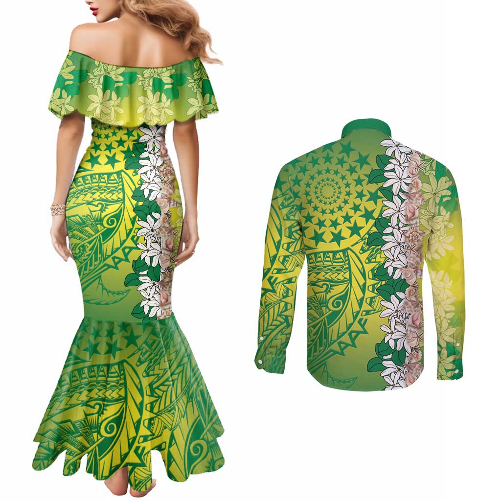 Cook Islands Tiare Maori With Conch Shell Couples Matching Mermaid Dress and Long Sleeve Button Shirt Pasifika Fest Polynesian Tattoo Green