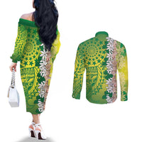 Cook Islands Tiare Maori With Conch Shell Couples Matching Off The Shoulder Long Sleeve Dress and Long Sleeve Button Shirt Pasifika Fest Polynesian Tattoo Green