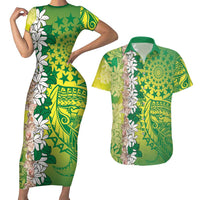 Cook Islands Tiare Maori With Conch Shell Couples Matching Short Sleeve Bodycon Dress and Hawaiian Shirt Pasifika Fest Polynesian Tattoo Green