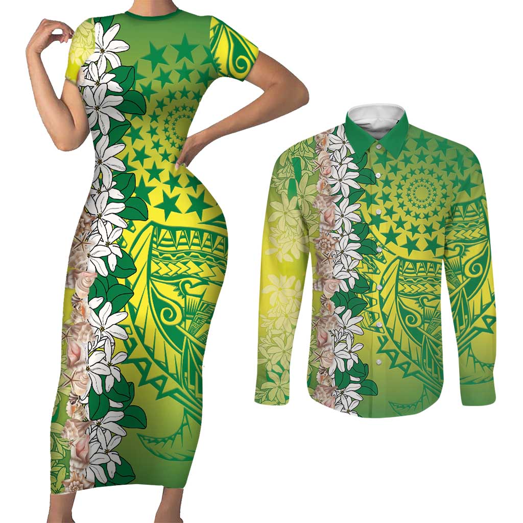 Cook Islands Tiare Maori With Conch Shell Couples Matching Short Sleeve Bodycon Dress and Long Sleeve Button Shirt Pasifika Fest Polynesian Tattoo Green