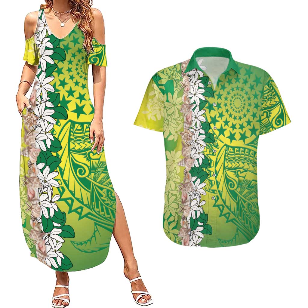 Cook Islands Tiare Maori With Conch Shell Couples Matching Summer Maxi Dress and Hawaiian Shirt Pasifika Fest Polynesian Tattoo Green LT14 Green - Polynesian Pride