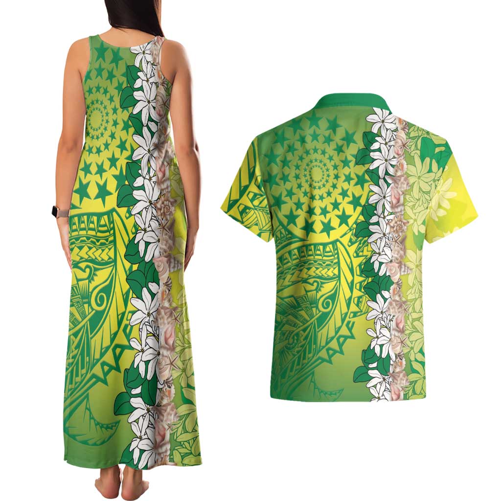 Cook Islands Tiare Maori With Conch Shell Couples Matching Tank Maxi Dress and Hawaiian Shirt Pasifika Fest Polynesian Tattoo Green