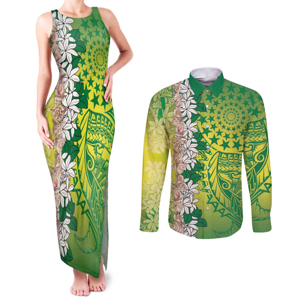 Cook Islands Tiare Maori With Conch Shell Couples Matching Tank Maxi Dress and Long Sleeve Button Shirt Pasifika Fest Polynesian Tattoo Green LT14 Green - Polynesian Pride