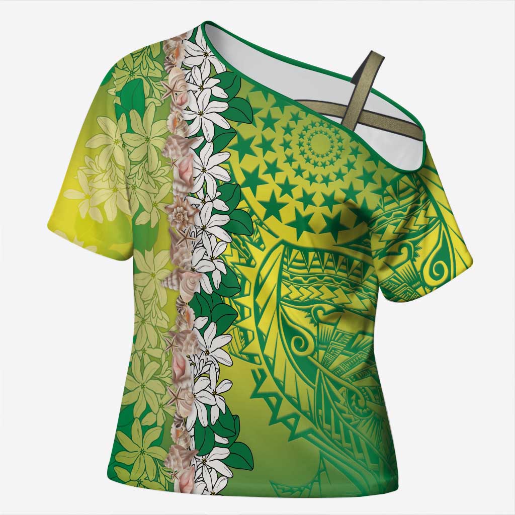 Cook Islands Tiare Maori With Conch Shell Cross Shoulder Shirt Pasifika Fest Polynesian Tattoo Green LT14 Female Green - Polynesian Pride