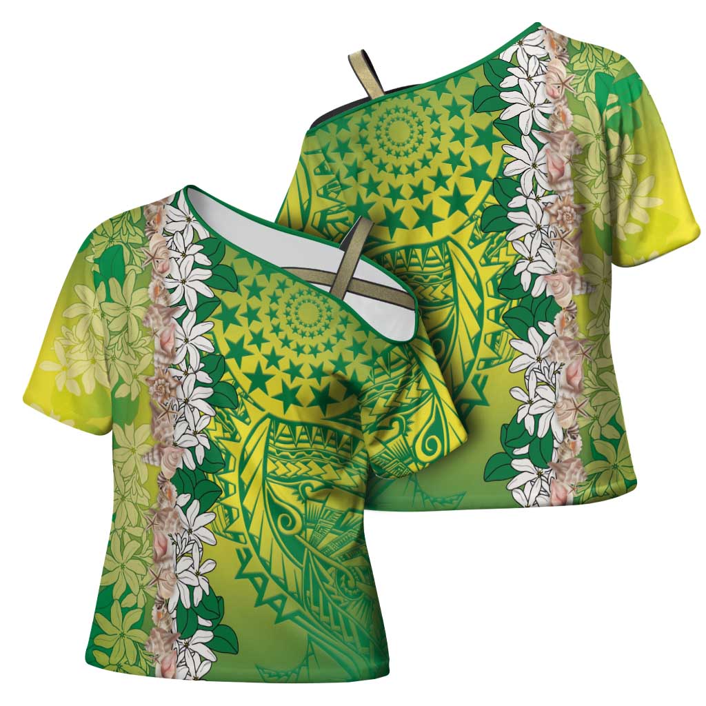 Cook Islands Tiare Maori With Conch Shell Cross Shoulder Shirt Pasifika Fest Polynesian Tattoo Green LT14 - Polynesian Pride