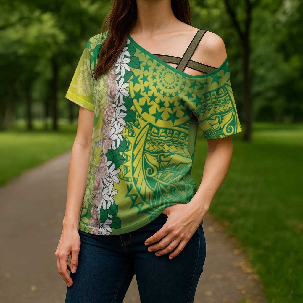 Cook Islands Tiare Maori With Conch Shell Cross Shoulder Shirt Pasifika Fest Polynesian Tattoo Green LT14 - Polynesian Pride