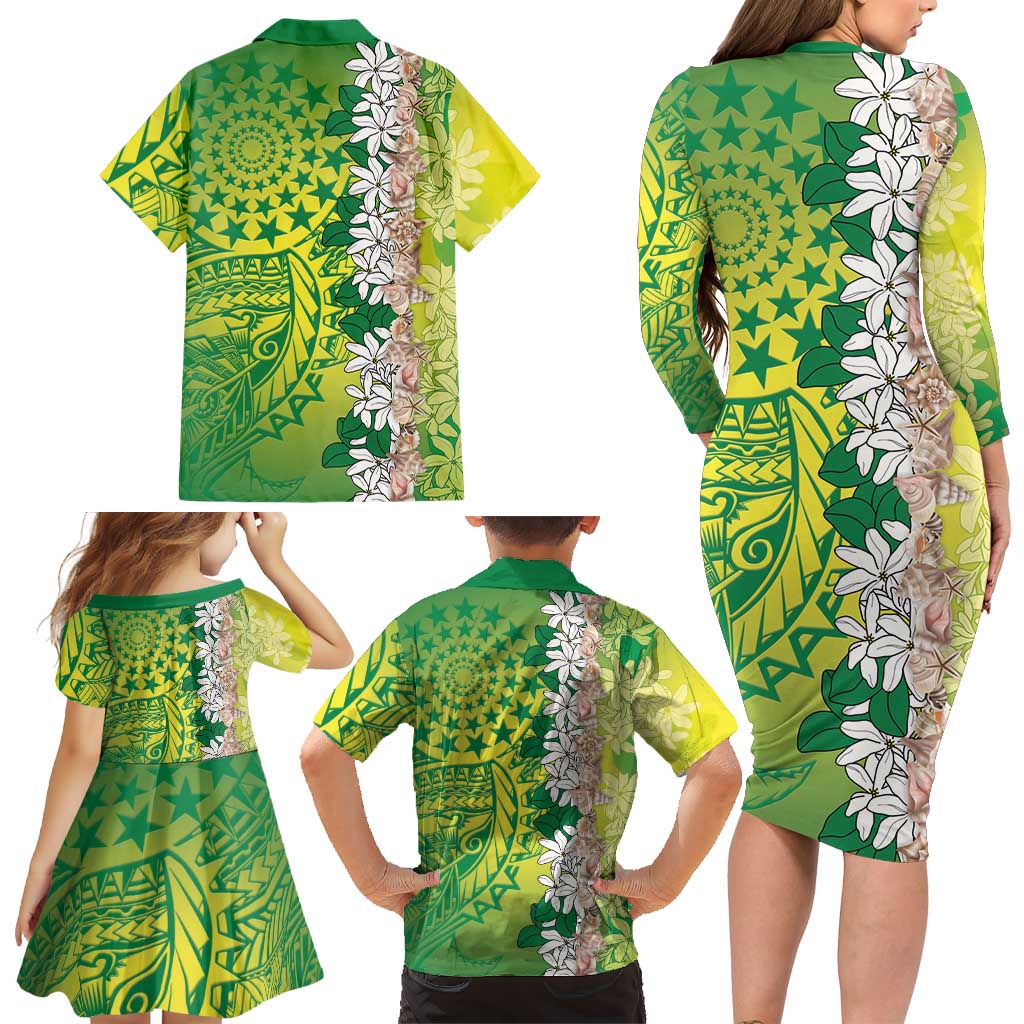 Cook Islands Tiare Maori With Conch Shell Family Matching Long Sleeve Bodycon Dress and Hawaiian Shirt Pasifika Fest Polynesian Tattoo Green