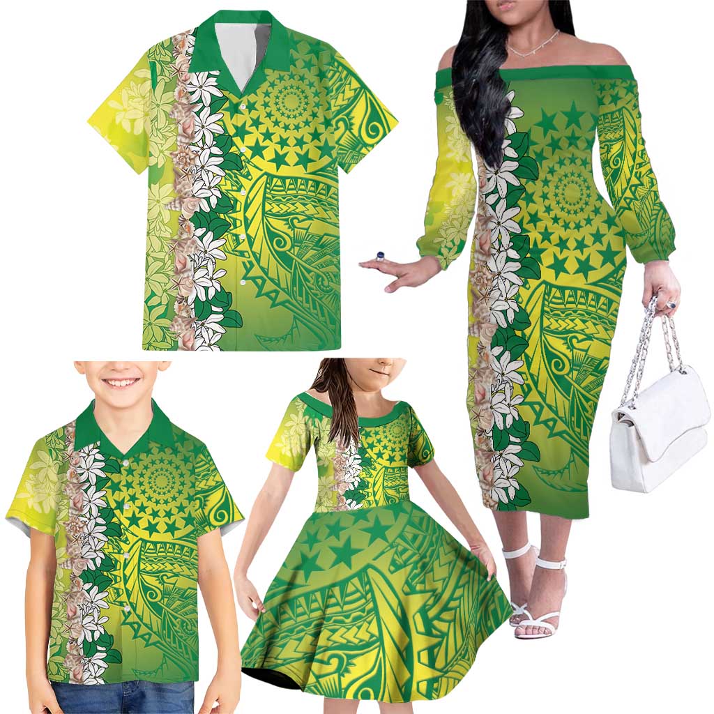 Cook Islands Tiare Maori With Conch Shell Family Matching Off The Shoulder Long Sleeve Dress and Hawaiian Shirt Pasifika Fest Polynesian Tattoo Green