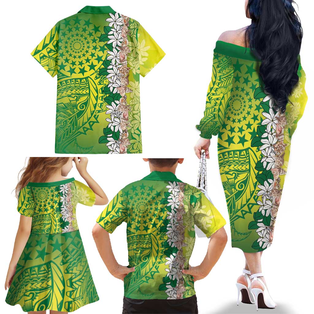 Cook Islands Tiare Maori With Conch Shell Family Matching Off The Shoulder Long Sleeve Dress and Hawaiian Shirt Pasifika Fest Polynesian Tattoo Green
