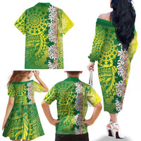 Cook Islands Tiare Maori With Conch Shell Family Matching Off The Shoulder Long Sleeve Dress and Hawaiian Shirt Pasifika Fest Polynesian Tattoo Green