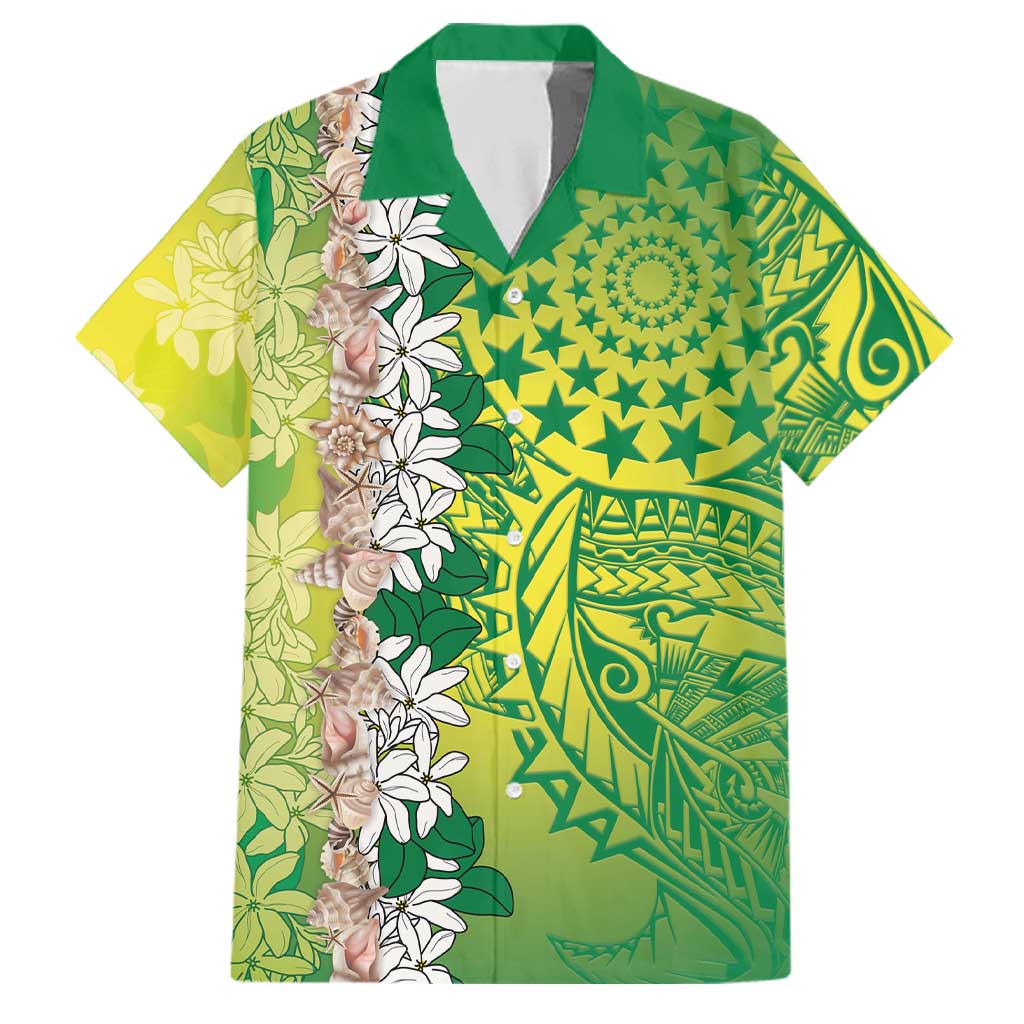 Cook Islands Tiare Maori With Conch Shell Family Matching Off The Shoulder Long Sleeve Dress and Hawaiian Shirt Pasifika Fest Polynesian Tattoo Green