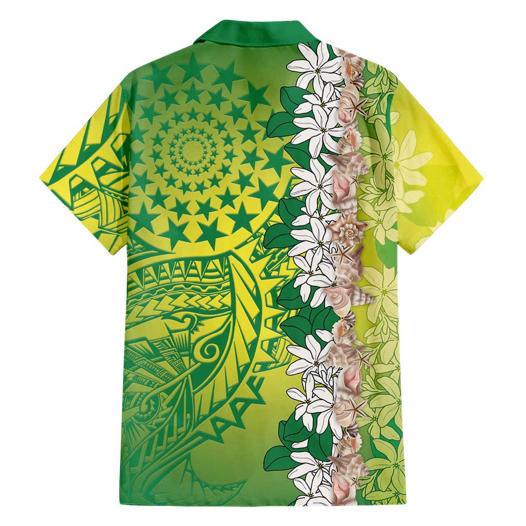 Cook Islands Tiare Maori With Conch Shell Family Matching Off The Shoulder Long Sleeve Dress and Hawaiian Shirt Pasifika Fest Polynesian Tattoo Green