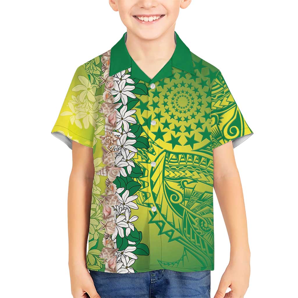 Cook Islands Tiare Maori With Conch Shell Family Matching Off The Shoulder Long Sleeve Dress and Hawaiian Shirt Pasifika Fest Polynesian Tattoo Green