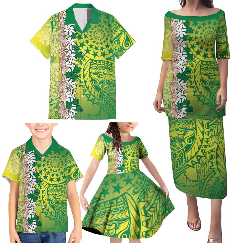 Cook Islands Tiare Maori With Conch Shell Family Matching Puletasi and Hawaiian Shirt Pasifika Fest Polynesian Tattoo Green LT14 - Polynesian Pride