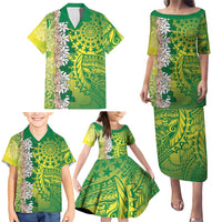 Cook Islands Tiare Maori With Conch Shell Family Matching Puletasi and Hawaiian Shirt Pasifika Fest Polynesian Tattoo Green